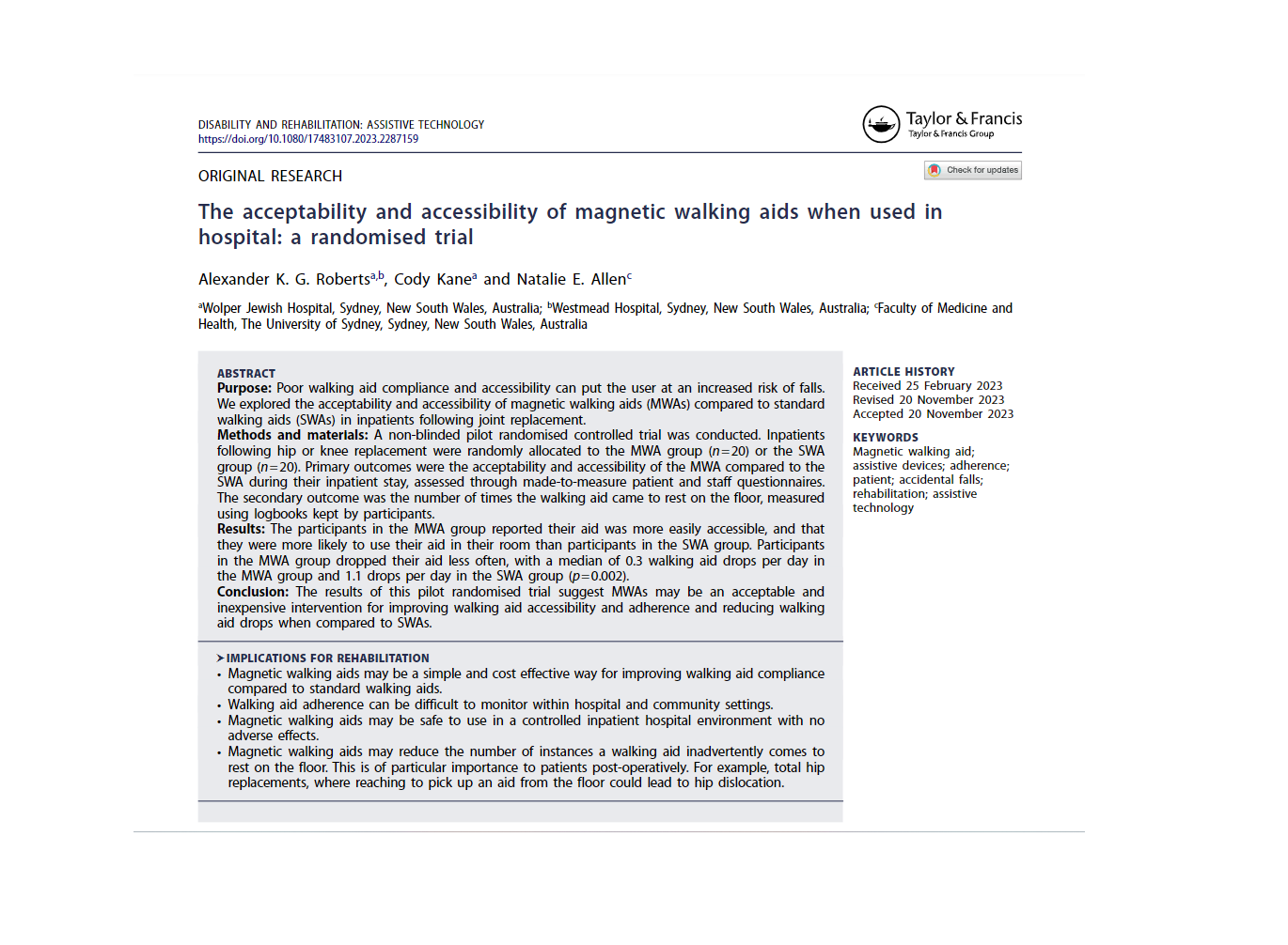 Research paper on the use of magnetic walking aids.